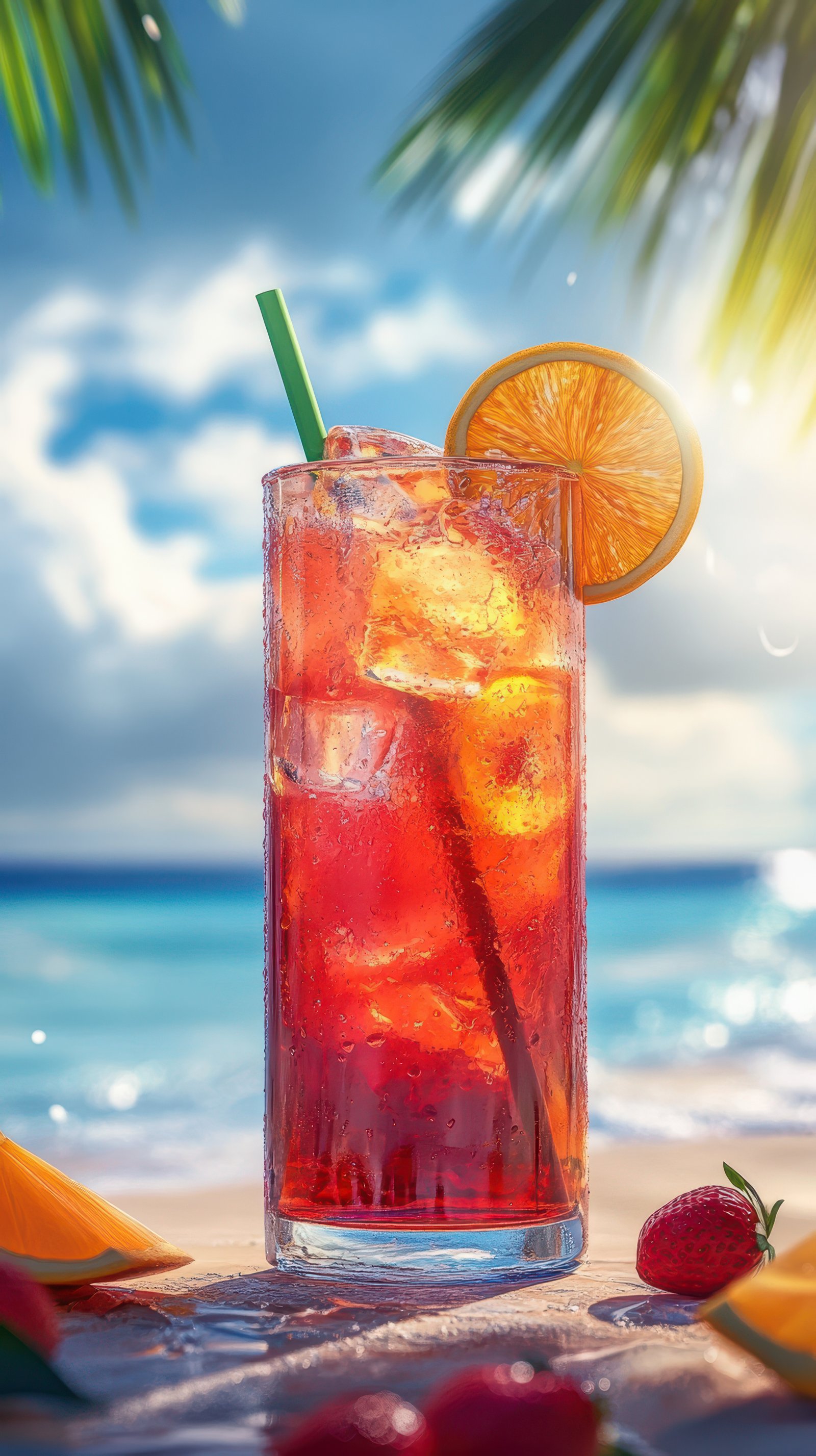 Refreshing tropical drink served at a beachside location on a sunny day with vibrant colors